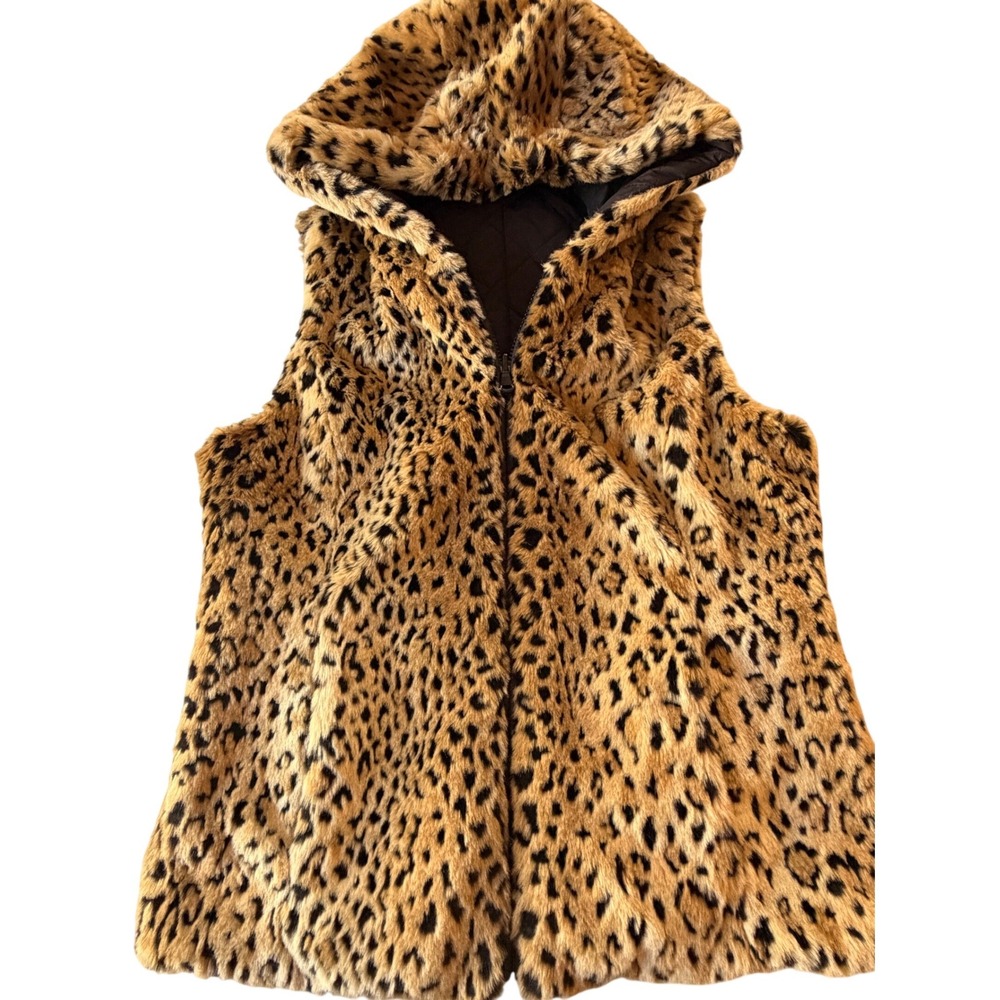 Kristen Blake Faux Fur Vest Small Leopard Print‎ Hooded Quilted Zip Up 738076